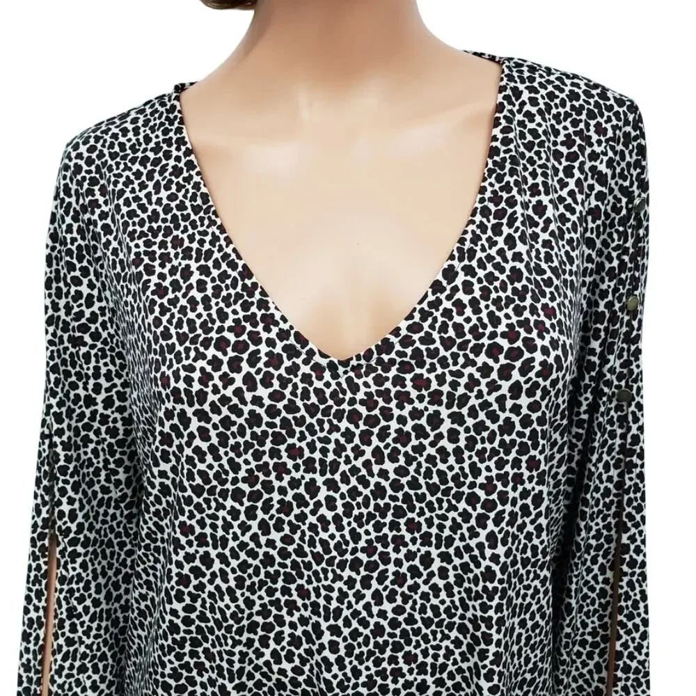 NWT MICHAEL KORS Arm Slit Animal Print Top Blouse Women L V-Neck Ruby Black
